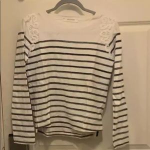 White sweater with grey stripes and lace detailing